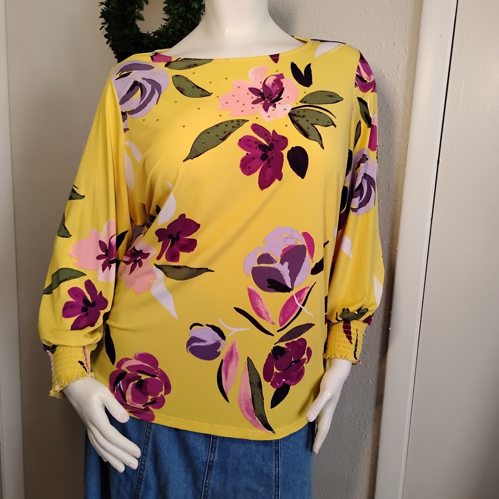 Plus Size Susan Graver Embellished Yellow and Plum Purple Floral Top / Blouse
